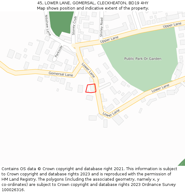 45, LOWER LANE, GOMERSAL, CLECKHEATON, BD19 4HY: Location map and indicative extent of plot