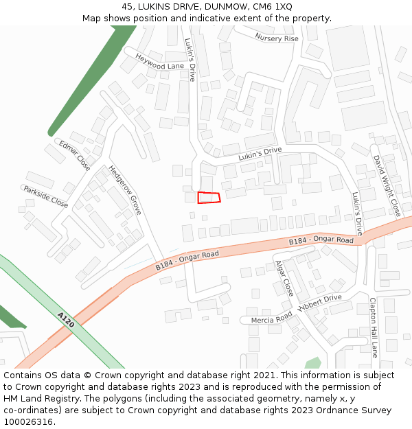 45, LUKINS DRIVE, DUNMOW, CM6 1XQ: Location map and indicative extent of plot