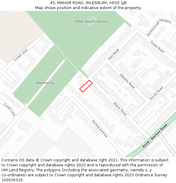 45, MANOR ROAD, AYLESBURY, HP20 1JB: Location map and indicative extent of plot