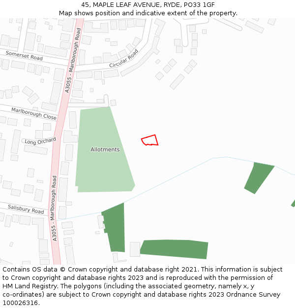 45, MAPLE LEAF AVENUE, RYDE, PO33 1GF: Location map and indicative extent of plot