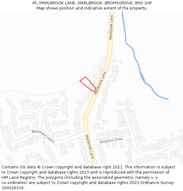 45, MARLBROOK LANE, MARLBROOK, BROMSGROVE, B60 1HP: Location map and indicative extent of plot