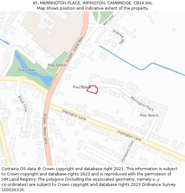 45, MERRINGTON PLACE, IMPINGTON, CAMBRIDGE, CB24 9AL: Location map and indicative extent of plot