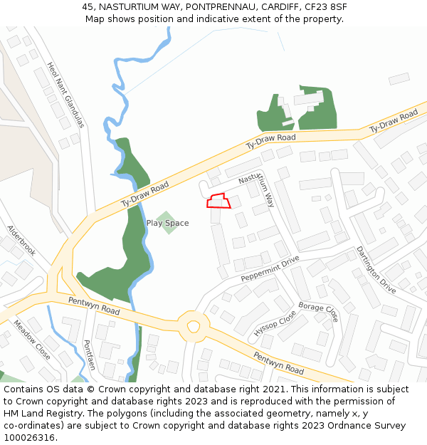 45, NASTURTIUM WAY, PONTPRENNAU, CARDIFF, CF23 8SF: Location map and indicative extent of plot