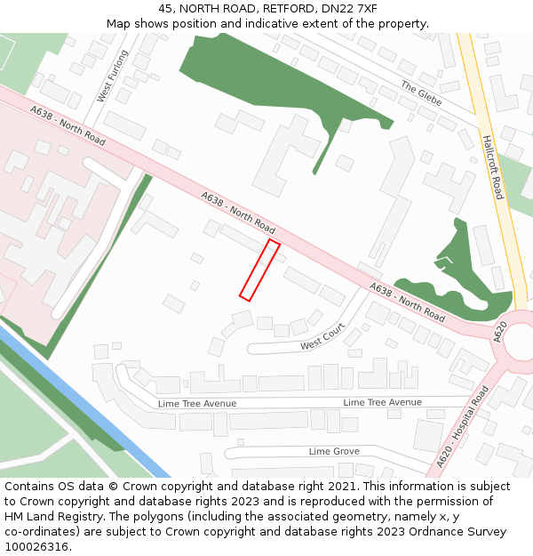 45, NORTH ROAD, RETFORD, DN22 7XF: Location map and indicative extent of plot