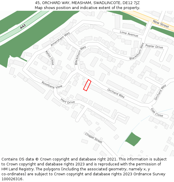 45, ORCHARD WAY, MEASHAM, SWADLINCOTE, DE12 7JZ: Location map and indicative extent of plot