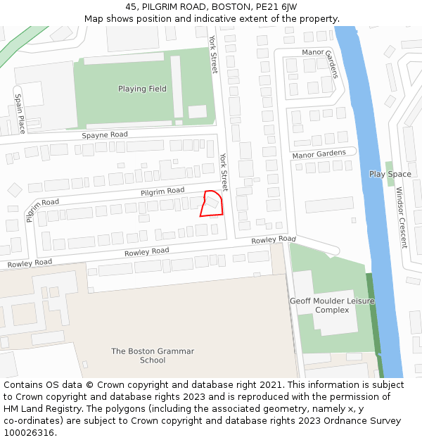 45, PILGRIM ROAD, BOSTON, PE21 6JW: Location map and indicative extent of plot