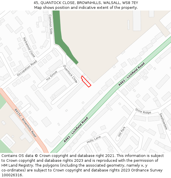 45, QUANTOCK CLOSE, BROWNHILLS, WALSALL, WS8 7EY: Location map and indicative extent of plot