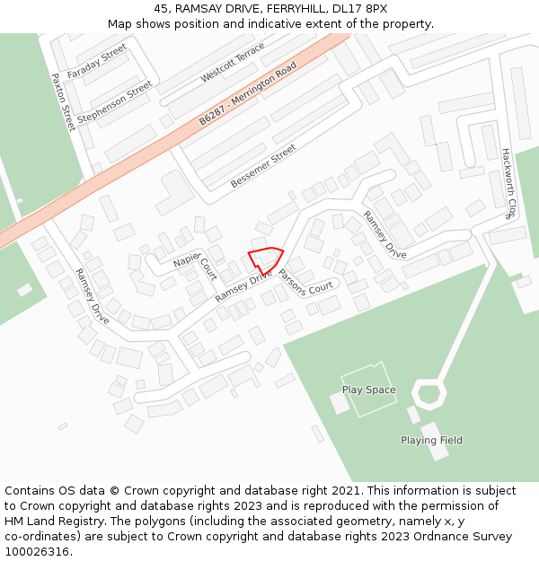 45, RAMSAY DRIVE, FERRYHILL, DL17 8PX: Location map and indicative extent of plot