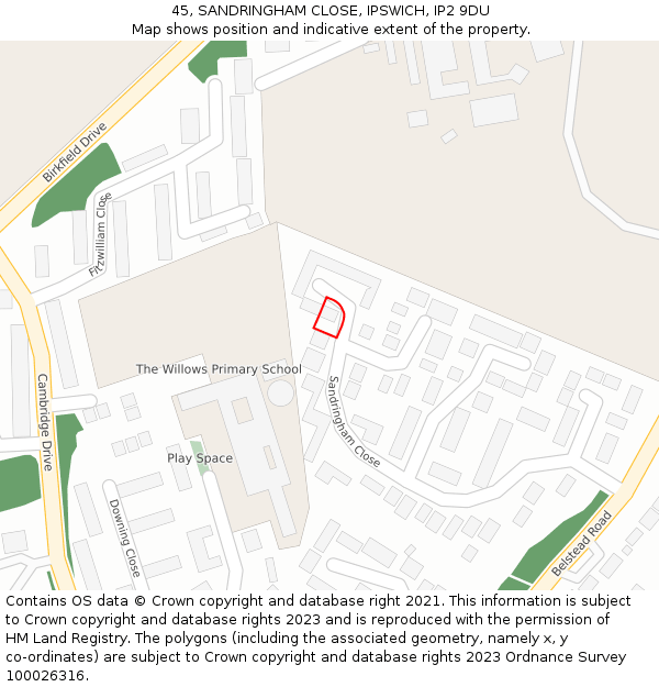 45, SANDRINGHAM CLOSE, IPSWICH, IP2 9DU: Location map and indicative extent of plot