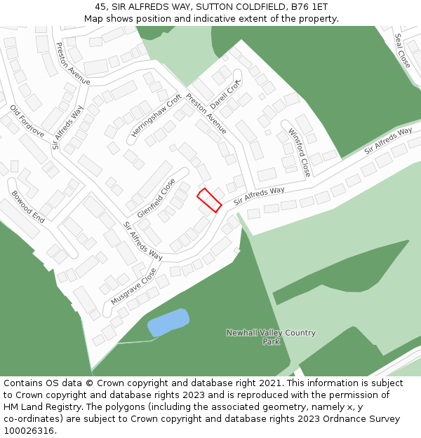 45, SIR ALFREDS WAY, SUTTON COLDFIELD, B76 1ET: Location map and indicative extent of plot