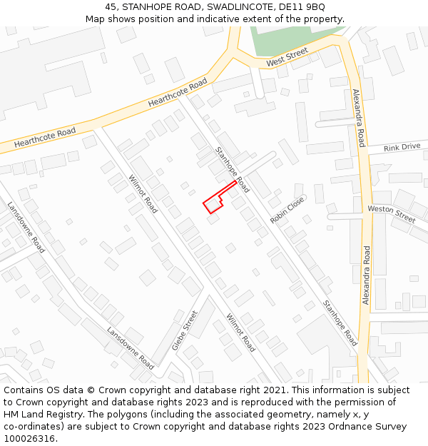 45, STANHOPE ROAD, SWADLINCOTE, DE11 9BQ: Location map and indicative extent of plot