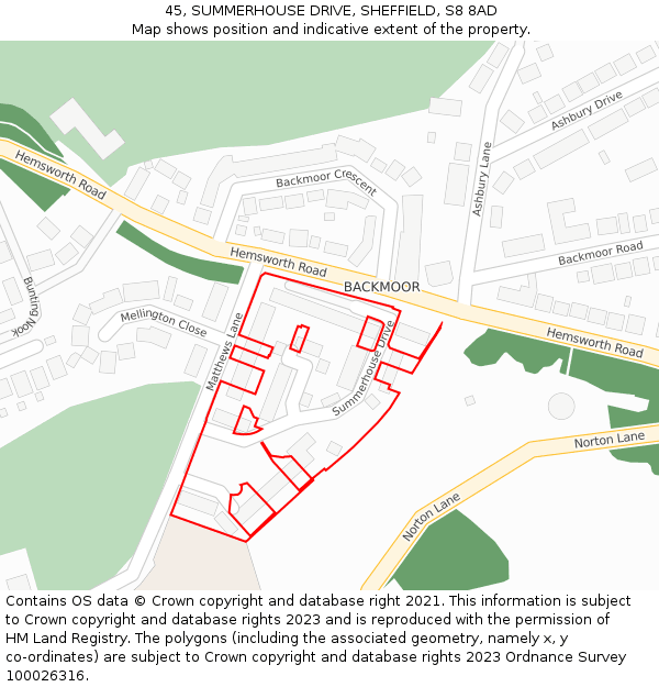 45, SUMMERHOUSE DRIVE, SHEFFIELD, S8 8AD: Location map and indicative extent of plot