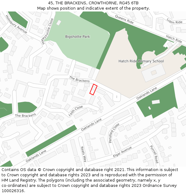 45, THE BRACKENS, CROWTHORNE, RG45 6TB: Location map and indicative extent of plot