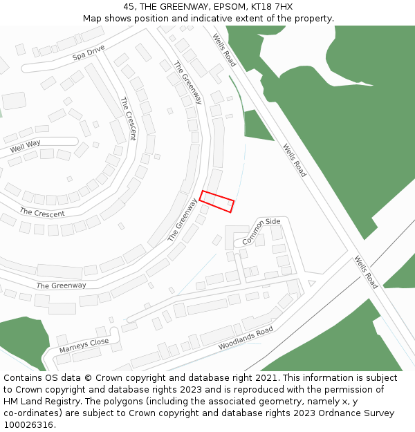 45, THE GREENWAY, EPSOM, KT18 7HX: Location map and indicative extent of plot