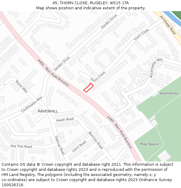 45, THORN CLOSE, RUGELEY, WS15 1TA: Location map and indicative extent of plot