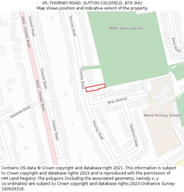 45, THORNEY ROAD, SUTTON COLDFIELD, B74 3HU: Location map and indicative extent of plot