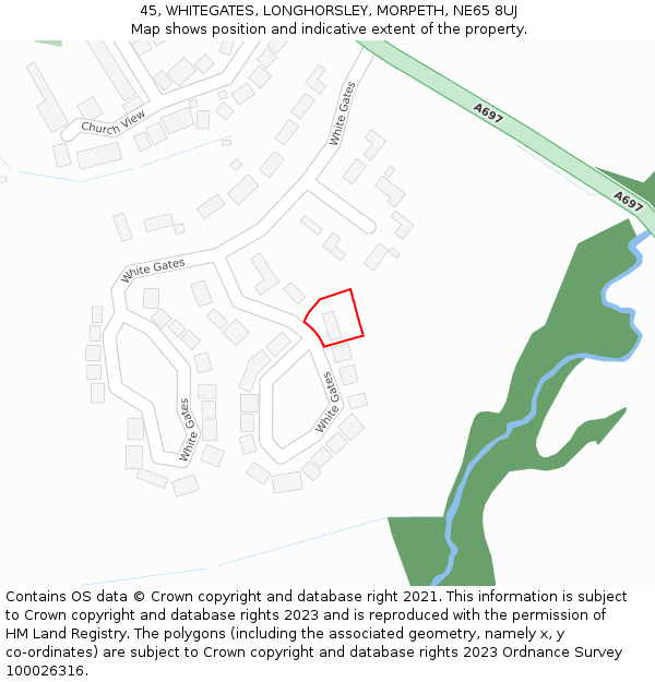 45, WHITEGATES, LONGHORSLEY, MORPETH, NE65 8UJ: Location map and indicative extent of plot