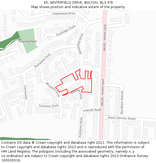 45, WINTERFIELD DRIVE, BOLTON, BL3 4TE: Location map and indicative extent of plot