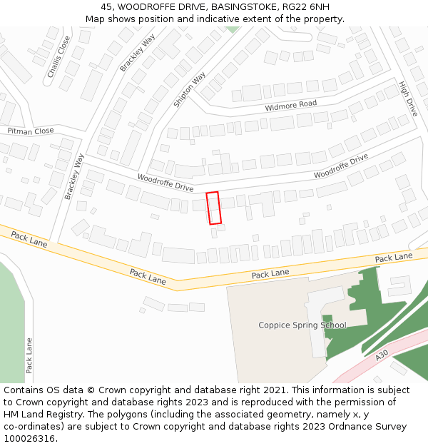 45, WOODROFFE DRIVE, BASINGSTOKE, RG22 6NH: Location map and indicative extent of plot