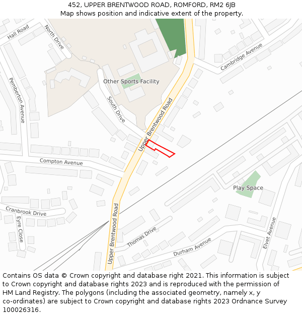 452, UPPER BRENTWOOD ROAD, ROMFORD, RM2 6JB: Location map and indicative extent of plot