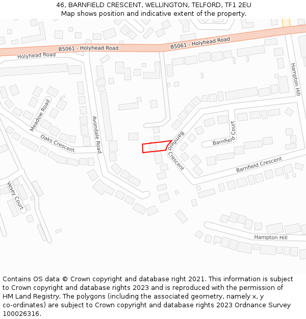 46, BARNFIELD CRESCENT, WELLINGTON, TELFORD, TF1 2EU: Location map and indicative extent of plot