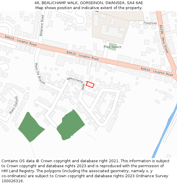 46, BEAUCHAMP WALK, GORSEINON, SWANSEA, SA4 6AE: Location map and indicative extent of plot