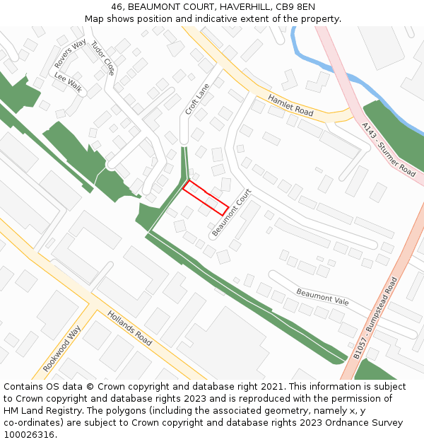 46, BEAUMONT COURT, HAVERHILL, CB9 8EN: Location map and indicative extent of plot