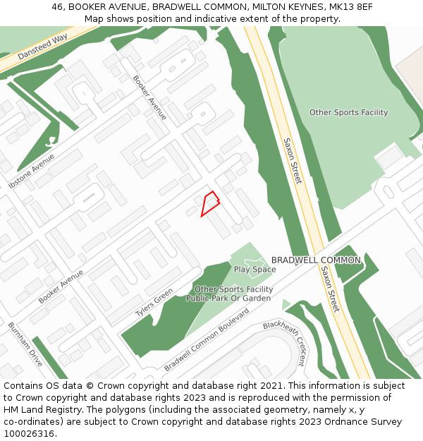 46, BOOKER AVENUE, BRADWELL COMMON, MILTON KEYNES, MK13 8EF: Location map and indicative extent of plot