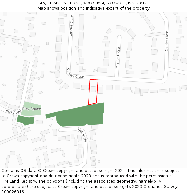 46, CHARLES CLOSE, WROXHAM, NORWICH, NR12 8TU: Location map and indicative extent of plot