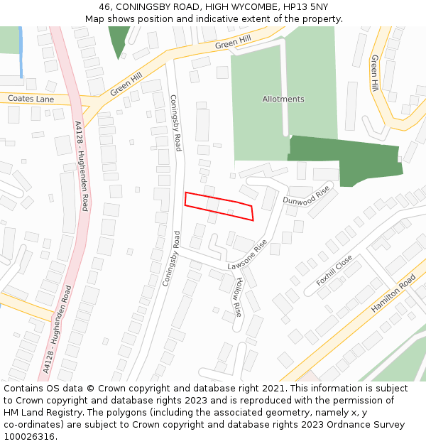 46, CONINGSBY ROAD, HIGH WYCOMBE, HP13 5NY: Location map and indicative extent of plot