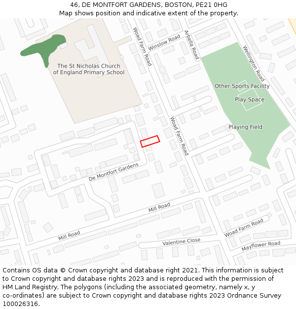 46, DE MONTFORT GARDENS, BOSTON, PE21 0HG: Location map and indicative extent of plot