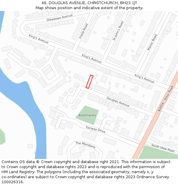 46, DOUGLAS AVENUE, CHRISTCHURCH, BH23 1JT: Location map and indicative extent of plot