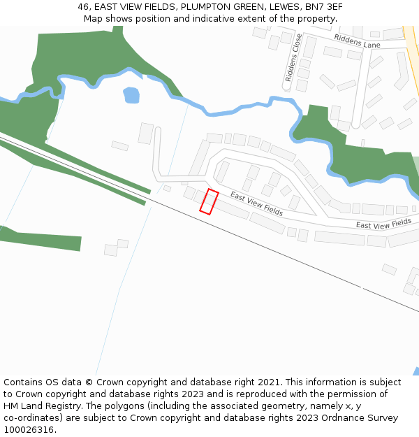 46, EAST VIEW FIELDS, PLUMPTON GREEN, LEWES, BN7 3EF: Location map and indicative extent of plot