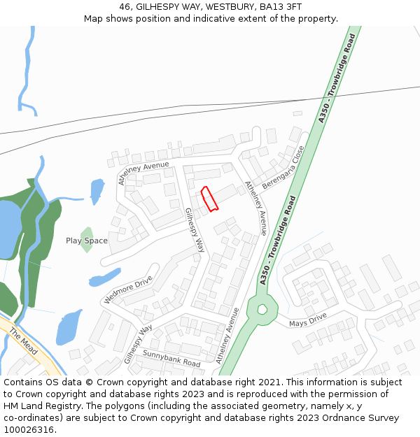 46, GILHESPY WAY, WESTBURY, BA13 3FT: Location map and indicative extent of plot