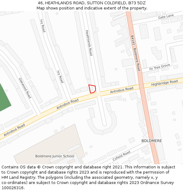 46, HEATHLANDS ROAD, SUTTON COLDFIELD, B73 5DZ: Location map and indicative extent of plot