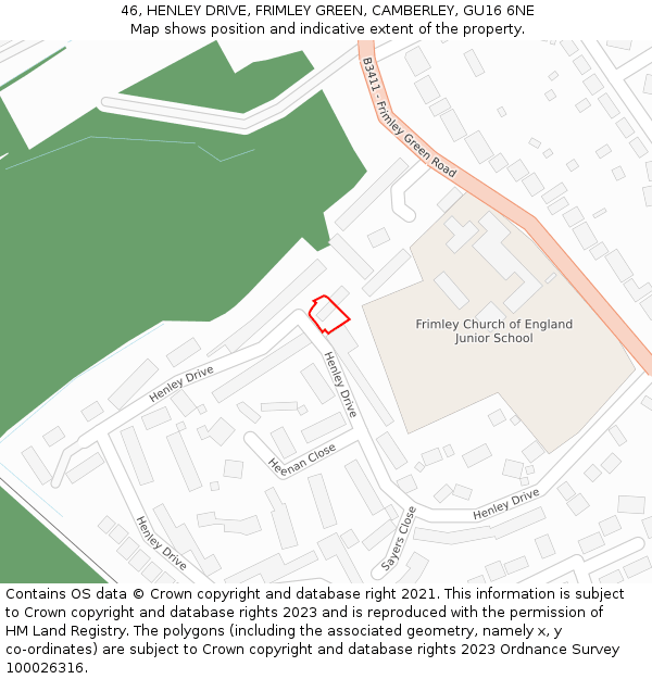 46, HENLEY DRIVE, FRIMLEY GREEN, CAMBERLEY, GU16 6NE: Location map and indicative extent of plot