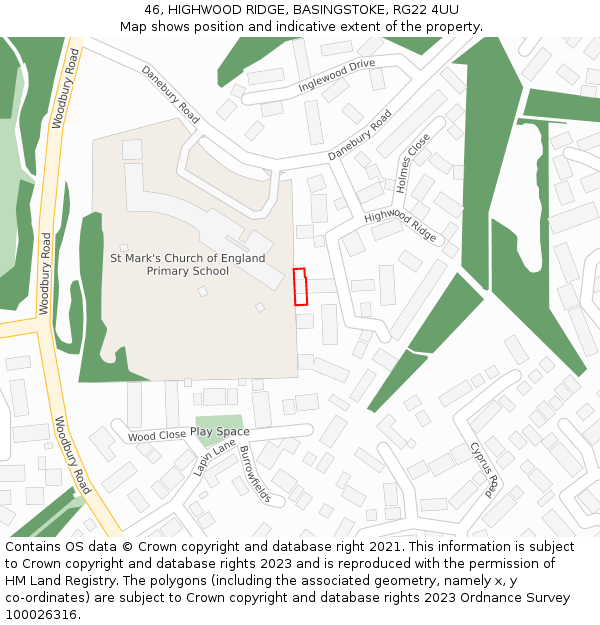 46, HIGHWOOD RIDGE, BASINGSTOKE, RG22 4UU: Location map and indicative extent of plot