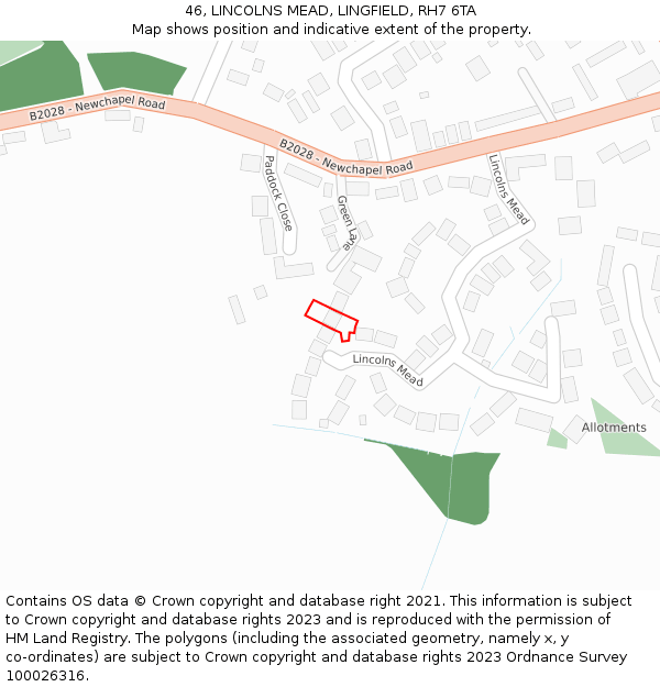 46, LINCOLNS MEAD, LINGFIELD, RH7 6TA: Location map and indicative extent of plot