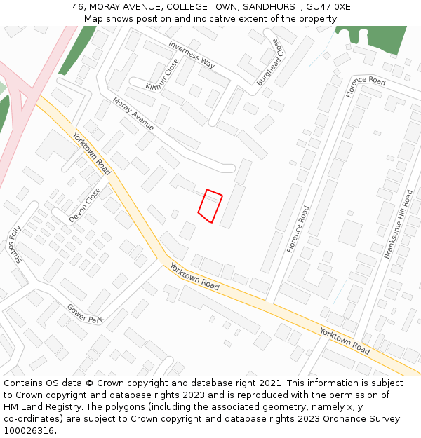 46, MORAY AVENUE, COLLEGE TOWN, SANDHURST, GU47 0XE: Location map and indicative extent of plot