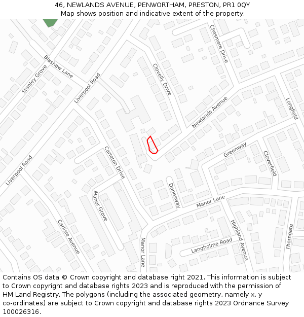 46, NEWLANDS AVENUE, PENWORTHAM, PRESTON, PR1 0QY: Location map and indicative extent of plot