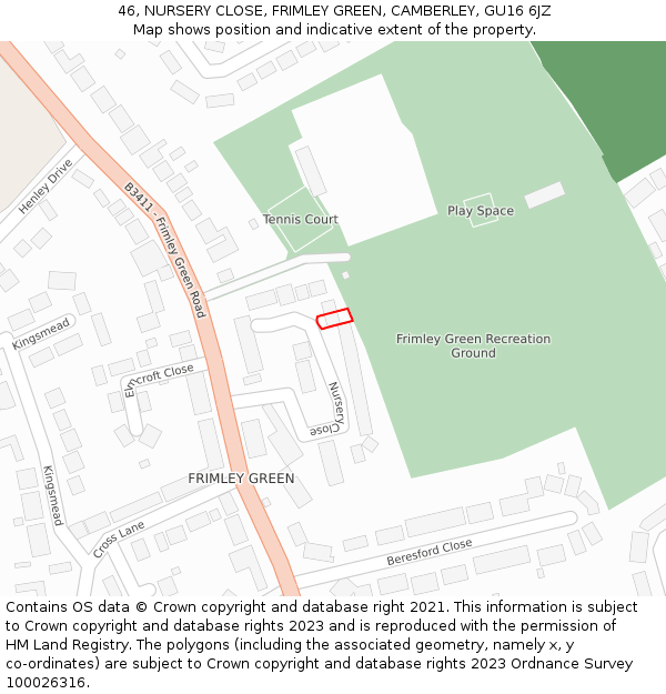 46, NURSERY CLOSE, FRIMLEY GREEN, CAMBERLEY, GU16 6JZ: Location map and indicative extent of plot