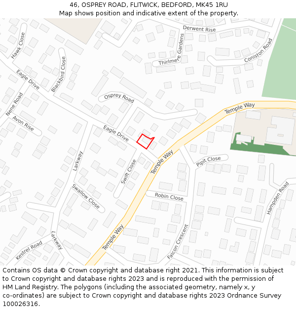 46, OSPREY ROAD, FLITWICK, BEDFORD, MK45 1RU: Location map and indicative extent of plot