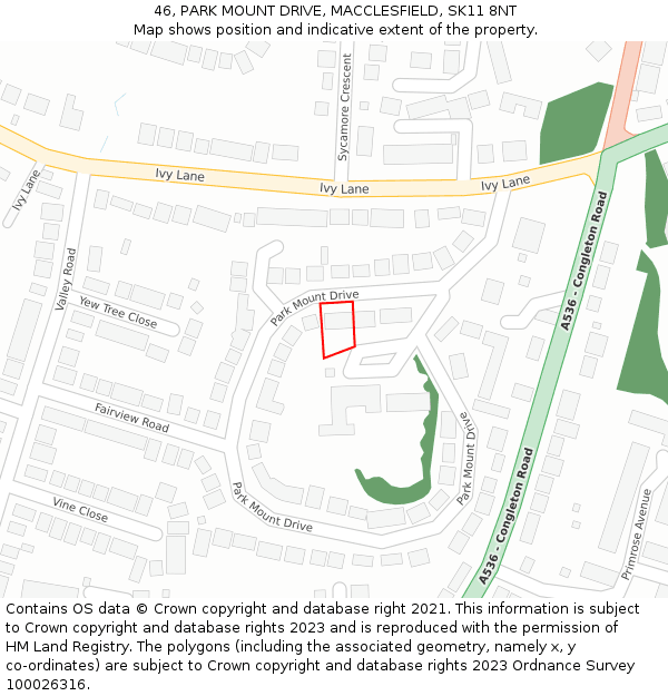 46, PARK MOUNT DRIVE, MACCLESFIELD, SK11 8NT: Location map and indicative extent of plot