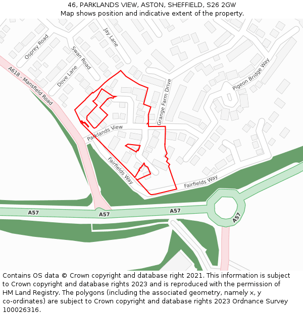 46, PARKLANDS VIEW, ASTON, SHEFFIELD, S26 2GW: Location map and indicative extent of plot