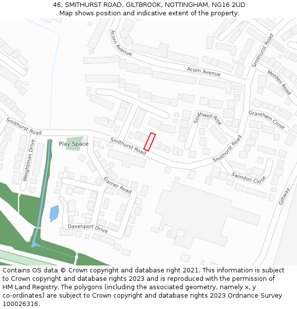 46, SMITHURST ROAD, GILTBROOK, NOTTINGHAM, NG16 2UD: Location map and indicative extent of plot