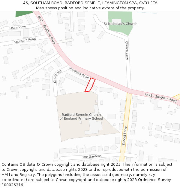 46, SOUTHAM ROAD, RADFORD SEMELE, LEAMINGTON SPA, CV31 1TA: Location map and indicative extent of plot