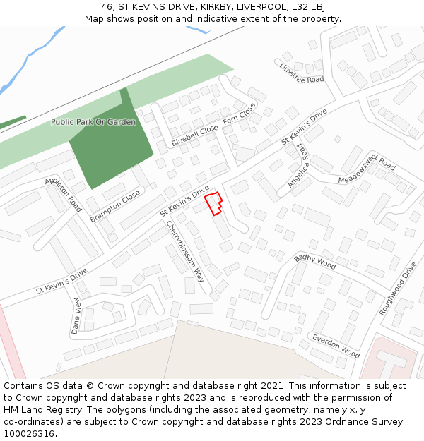 46, ST KEVINS DRIVE, KIRKBY, LIVERPOOL, L32 1BJ: Location map and indicative extent of plot