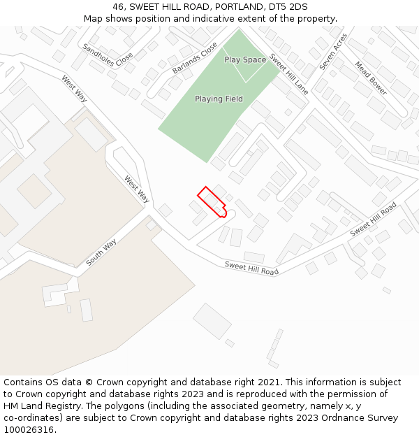 46, SWEET HILL ROAD, PORTLAND, DT5 2DS: Location map and indicative extent of plot