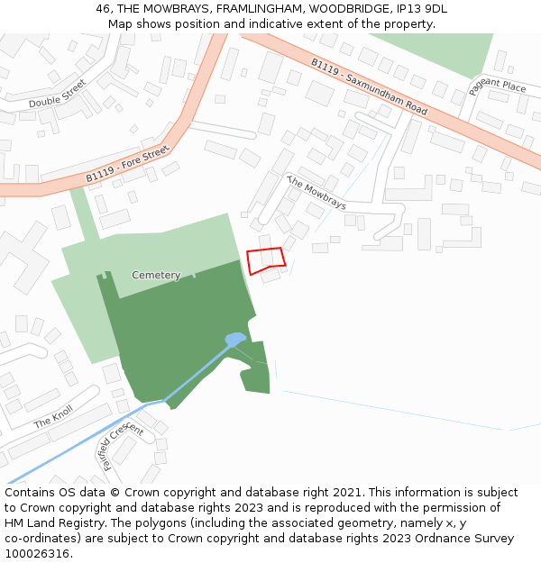 46, THE MOWBRAYS, FRAMLINGHAM, WOODBRIDGE, IP13 9DL: Location map and indicative extent of plot