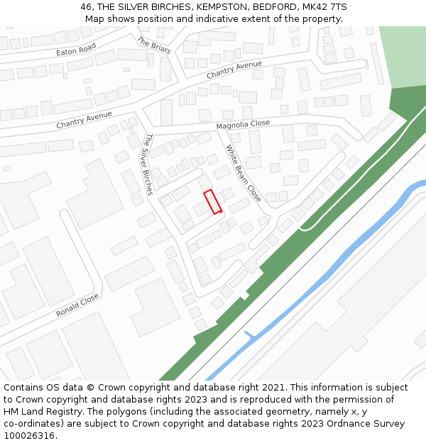 46, THE SILVER BIRCHES, KEMPSTON, BEDFORD, MK42 7TS: Location map and indicative extent of plot